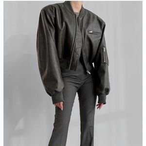 GAE FAUX LEATHER CROPPED BOMBER - CHARCOAL